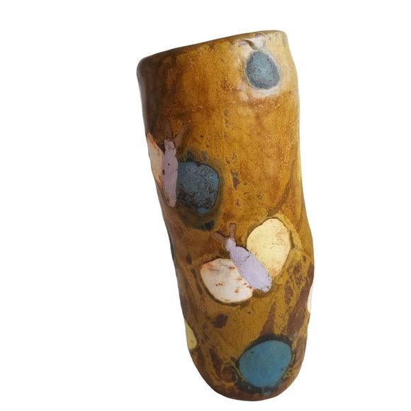 Art Pottery Vase Butterfly Hand Painted Lumpy Bumpy Leans Butterflies Whimsical - Picture 4 of 9